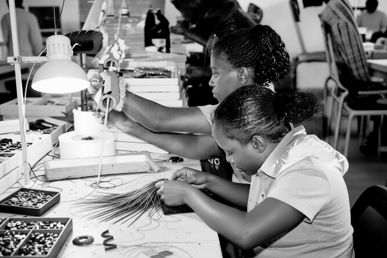 Workers in Kenya producing fly ties